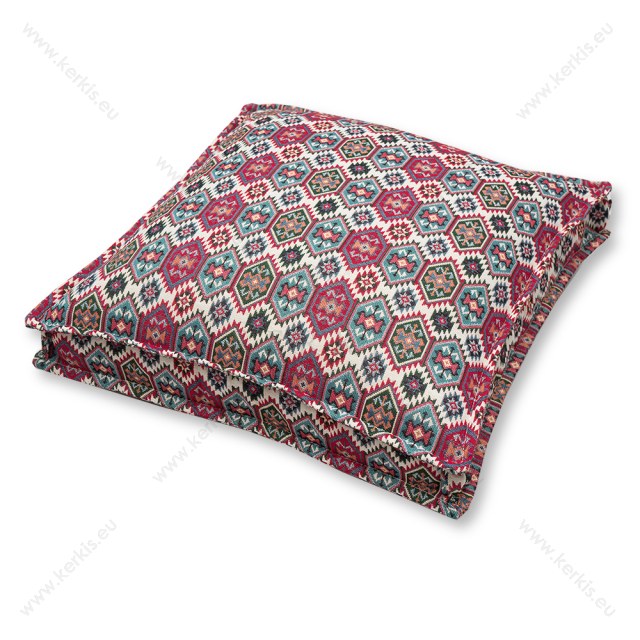 Μαξιλάρα δαπέδου "Κλειώ" με boho κόκκινους και γαλάζιους ρόμβους