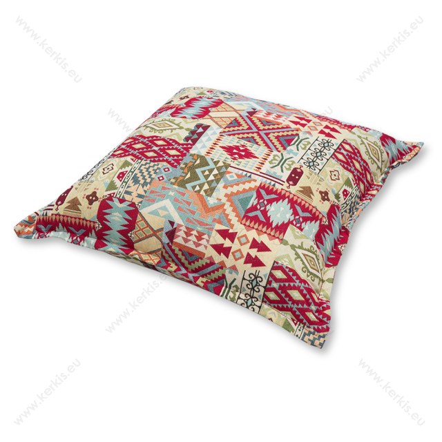 Μαξιλάρα δαπέδου "Λυδία" boho κόκκινο και πράσινο σε μπεζ φόντο