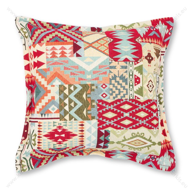 Μαξιλάρι διακοσμητικό boho κόκκινο και πράσινο σε μπεζ φόντο