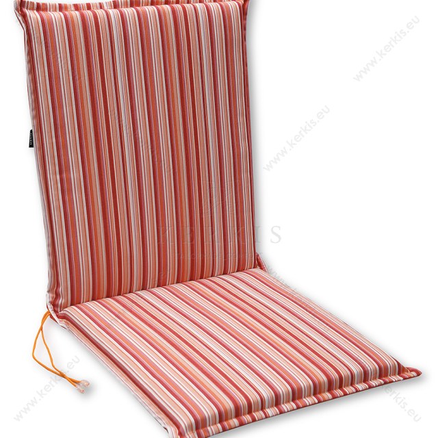 Μαξιλάρι καρέκλας με ψιλή ή χαμηλή πλάτη σε πορτοκαλί αποχρώσεις και ύφασμα για μέγιστη αντοχή στις εξωτερικές συνθήκες.